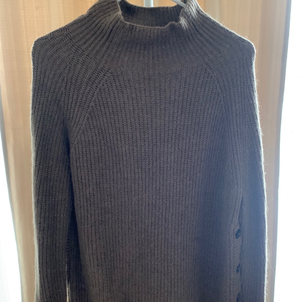 Brown cowl neck knit sweater with buttons on side